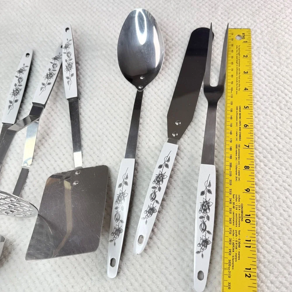 Vintage Happy Home 6 Piece MCM Tool Set Stainless Steel Floral Rose Pattern